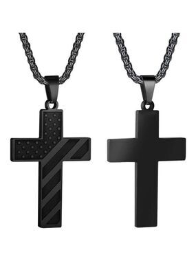 BLACK American Flag Cross Necklace Men Stainless Steel Box Chain 22+2 inch NWT
